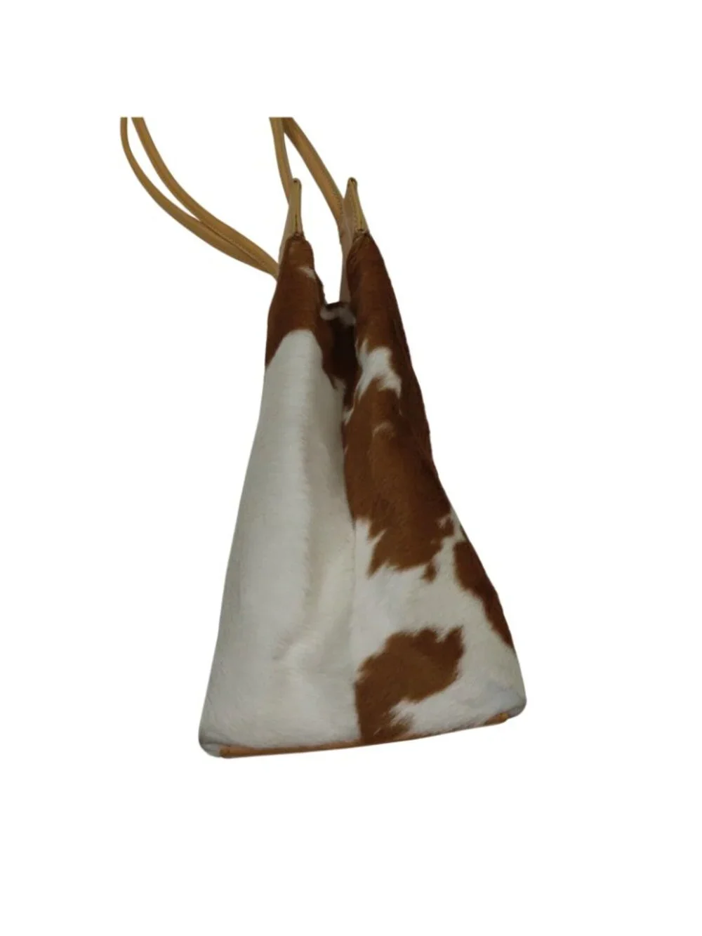Nine West Tan Leather Brown White Cow Animal Hair Print Satchel Bucket Bag Purse